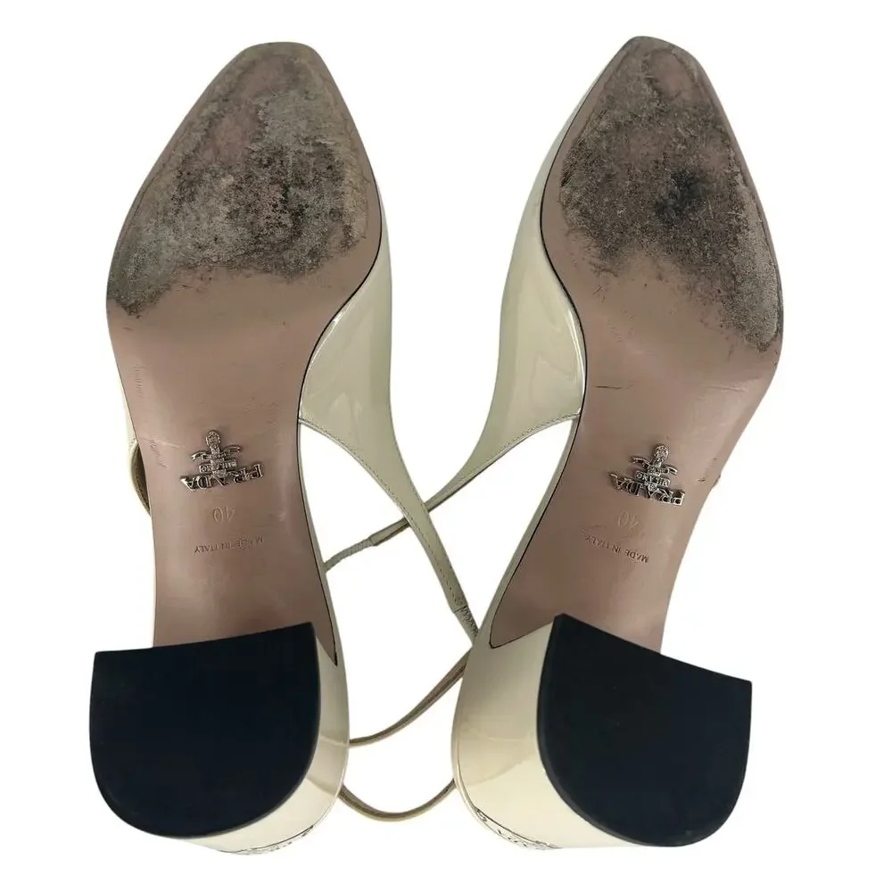 Prada Triangle Logo Patent Leather Slingback Pumps Ivory 40 - Picture 15 of 15